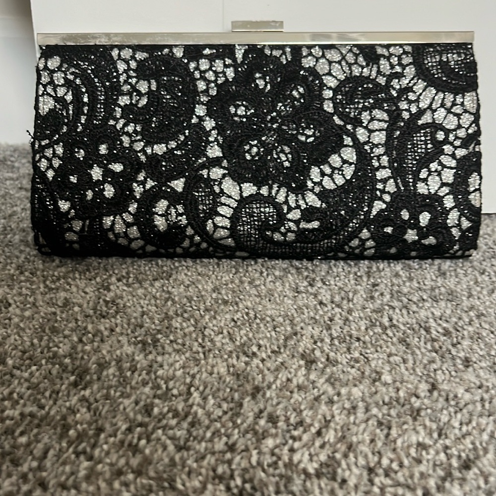 Silver and black clutch/purse with lace details